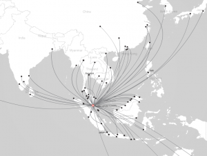 Carte des destinations desservies par Air Asia au départ de Kuala Lumpur